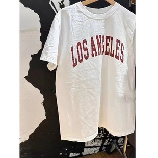 BM style American style loose red word losangels printed white short-sleeved T-shirt women's bm long slimming round neck top