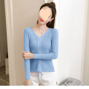 Drawstring Navel-exposed Long-sleeved Spring and Autumn Fashionable Women's Dress Slim-fit Collar T-shirt Knit Sweater Tight Waist All-match Base Elegant Top