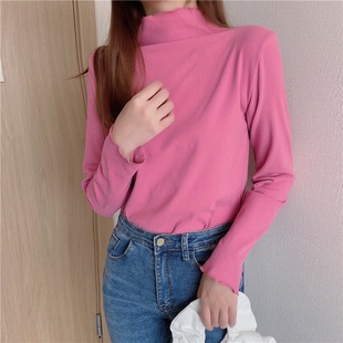 Kitten Diary Autumn and Winter Solid Color Half-High Neck Fleece Base Shirt with Ear Edge Design All-Match Warm Top