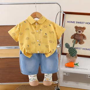 Five small seven children's clothing 2025 summer new 0-4 years old children's boys and girls bear head shirt short sleeve 2-piece set