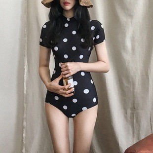One-piece Swimsuit Women's Korean Style Fresh Style Triangle Swimsuit for Students Belly-covering Slimming Sexy Slim-fit Black and White Bikini