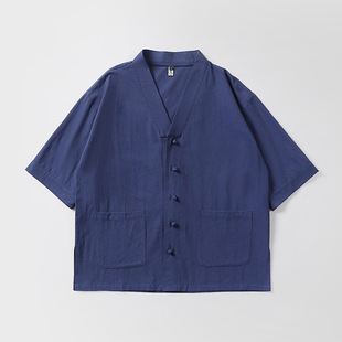 New Chinese Style Tang Suit Improved Hanfu Chinese Style Men's Cotton and Linen Shirt Seven-Sleeve Coat National Tide Dao Robe Juson