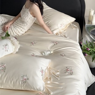 Girl's Heart Rose Embroidery Single Double Skin-friendly Bedding High-grade Pure Cotton Long-staple Cotton Three or Four-piece Home Textile
