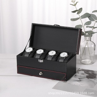 Cross-border in stock wholesale 4 double carbon fiber pu watch jewelry box multifunctional jewelry box factory direct sales
