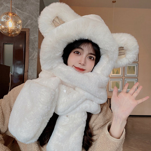2024 New Hats and Scarf Integrated Women's Autumn and Winter Warm Big Neck Three-piece Set Plush Simple Ear Protection Hooded