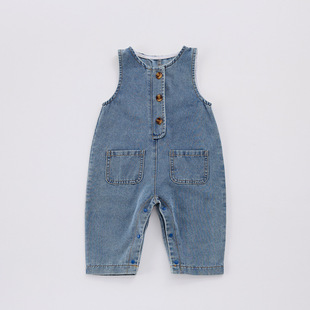 INS Infant suit Denim Strap Pants for Boys and Girls Baby Going Out Denim Vest Long Climbing Striped Top