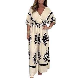 European and American Independent Station Cross-border Fashion Casual Printed Women's V-neck Short-sleeved Loose plus size Women's suit