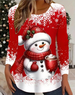 2024 cross-border women's Christmas new snowman print Amazon crew neck long sleeve T blood
