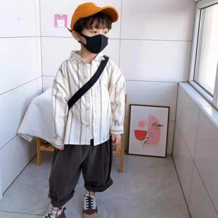 Mori Style Retro Style Pure Cotton South Korea Children's New Spring and Summer Vertical Strip Shirt for Boys and Girls Baby Elegant Trendy Western Style