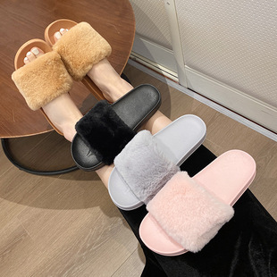 2024 Fashion Internet Celebrity Casual Home Autumn and Winter Plush Women's Pure Color Flip-flops Flats-soled Furry Slippers