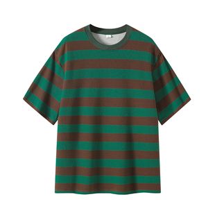 270g Contrast Color Wide Stripe Cotton Short Sleeve T-Shirt Customized Korean Style Fashionable Summer Men's and Women's Same Style Group Wear Printed Logo