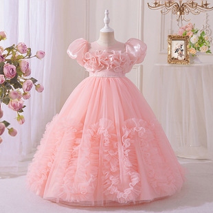 in stock Girl's Evening Dress Long Veil Dress Flower Girl's Wedding Dress Birthday Party Piano Playing Sweet Elegant Princess Dress