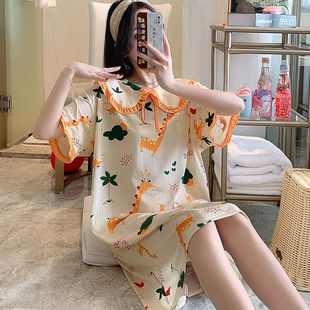 Japanese Style Nightgown Women's Loose plus size Sweet Doll Collar Princess Style Short-sleeved Long Students' Home Clothes for Outer Wear