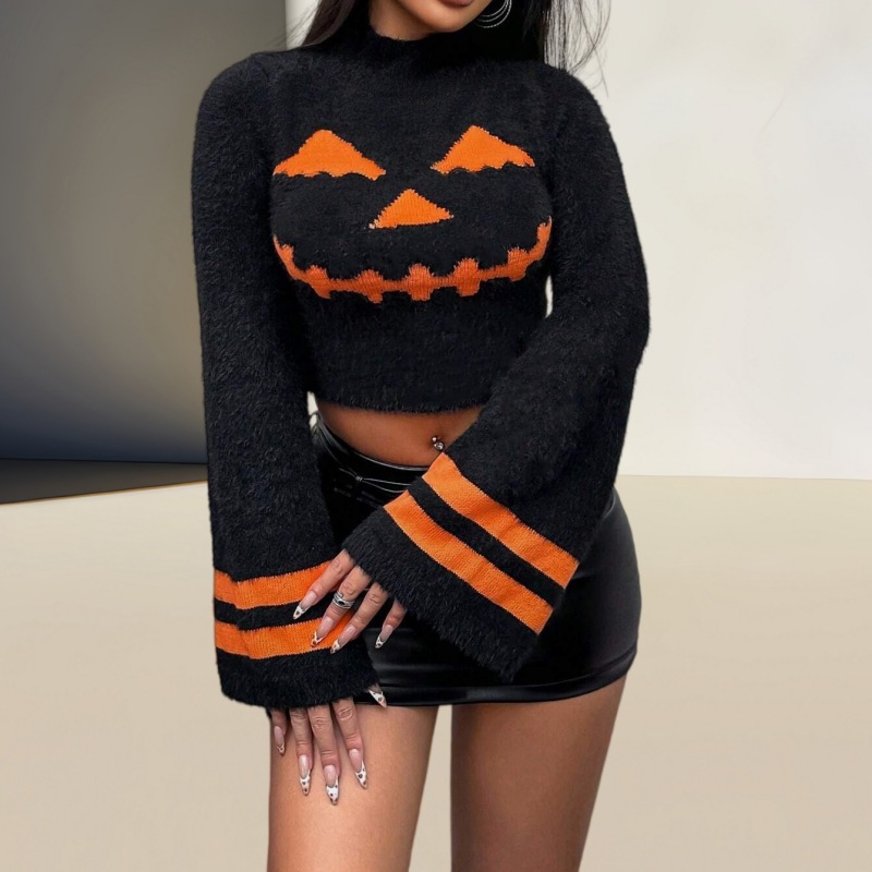 European and American cross-border Amazon TikTok bestseller Halloween dark pumpkin color-blocking cropped turtleneck sweater for women