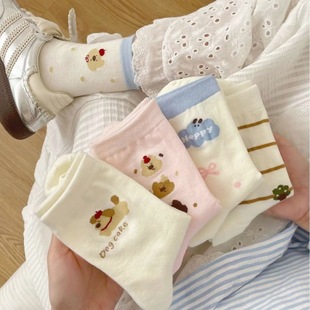 Cartoon Socks for Women, Mid-Calf Socks, Trendy Ins Style, Spring and Autumn Japanese Cute College Style, Bowknot, Polka Dot, Puppy, Striped Socks