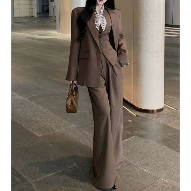 Old Money Style Fashion Set: Elegant Long-Sleeve Blazer, Vest, and Women's Spring Casual Wide-Leg Pants Two-Piece Set