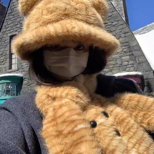 Fluffy Big Orange Little Tiger Plaid Plush Ear Fisherman Hat Children's Winter Warm Neck Cold Hat Cute