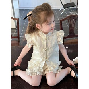 Girls' Suit Summer Heavy Industry Guofeng Pearl Buckle Flying Sleeve Suit Embroidered Shorts Vest Two-Piece 55088