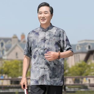 Middle-aged and Elderly Summer Tang Clothes Men's Ice Silk Thin Short-sleeved suit Casual Dad Chinese Style Loose plus size Clothes for the Elderly
