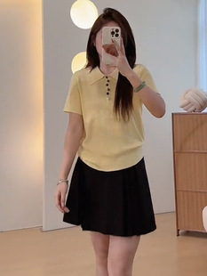 The Limon Lemon Green Tea Spring Polo Collar Colored Buckle Slim-fit Slim-fit Short-sleeved Sweater Women's Tight Waist Top