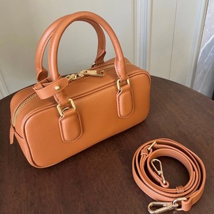 2024 New Bag Genuine Leather Bowling Bag Boston Briefcase Small Square Bag Single Shoulder Crossbody Handbag Women's Bag