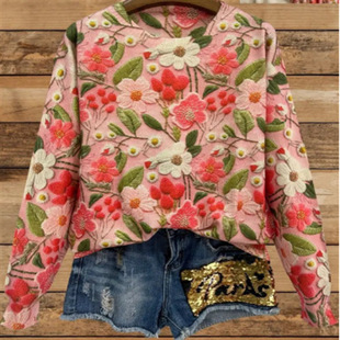 2023 autumn and winter New European and American cross-border abstract style digital printing drop-shoulder long sleeve women's sweater casual all-matching