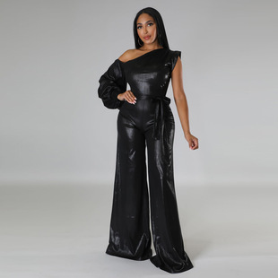 9446 Amazon European and American women's clothing 2023 autumn and winter new wide-leg pants sexy solid color evening dress cross-border jumpsuit