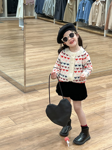 Girls' spring Sweet Princess colorful love knitted wool coat sweater cardigan + black flower brassiere pants separately shot