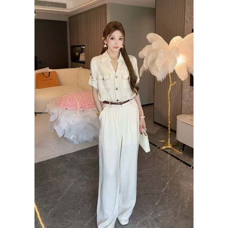 New Color Scheme, New Fashion Style, Visible Stitching Design, Slim-Fit Shirt with Turn-Down Collar + High-Waisted Slimming Wide-Leg Pants + Belt 3-Piece Set