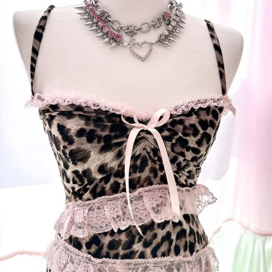 European and American Y2K Pure Desire Harajuku Sexy Leopard Print Lace Slim-Fit Sexy Bowknot Camisole Women's Tank Top Wholesale
