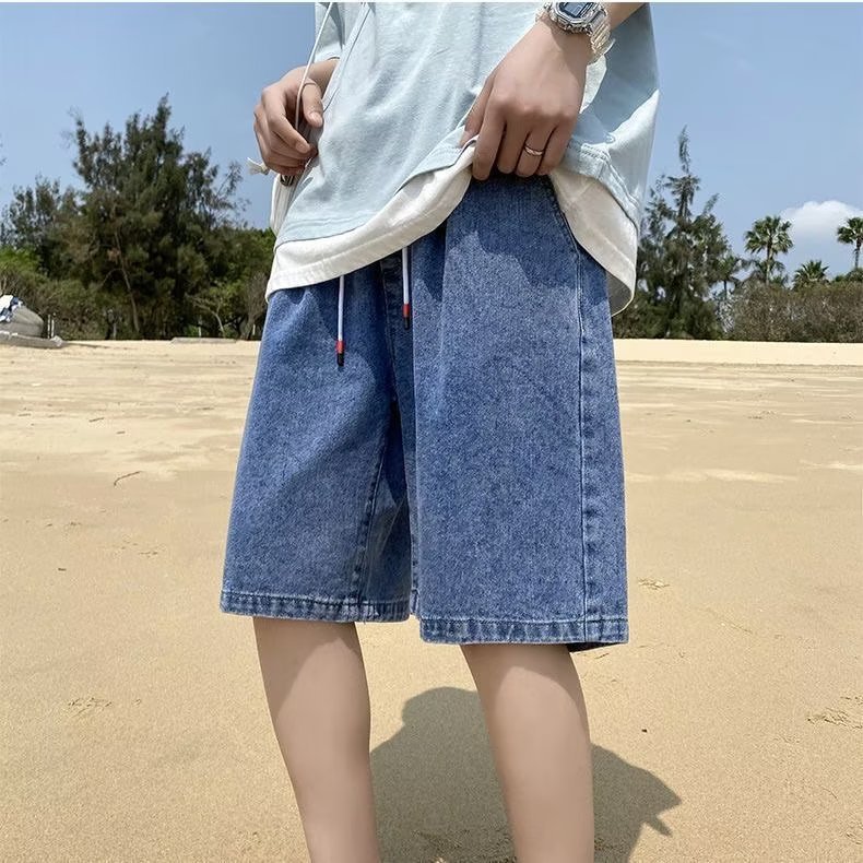 데님 반바지 남성 여름 트렌디 브랜드 Ins 하이 스트리트 5 점 바지 느슨한 외부 착용 바지 디자인 센스 틈새 바지