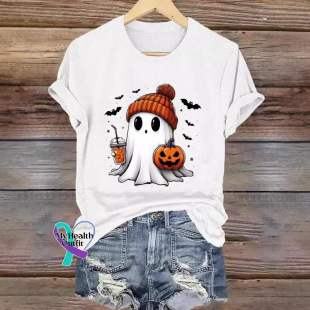 Halloween Foreign Trade Women's Top Cross-border E-commerce Amazon Ghost Digital Printing Colored Cotton Crewneck T-Shirt Bat