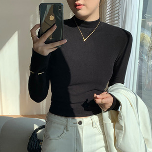 Half-high collar double-sided velvet base shirt women's spring and autumn western style solid color fleece-lined thick warm long sleeve top