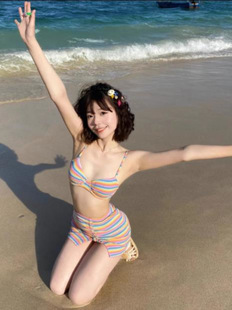 French retro sexy hot girl rainbow striped split swimsuit three-piece European and American style bikini swimming wholesale