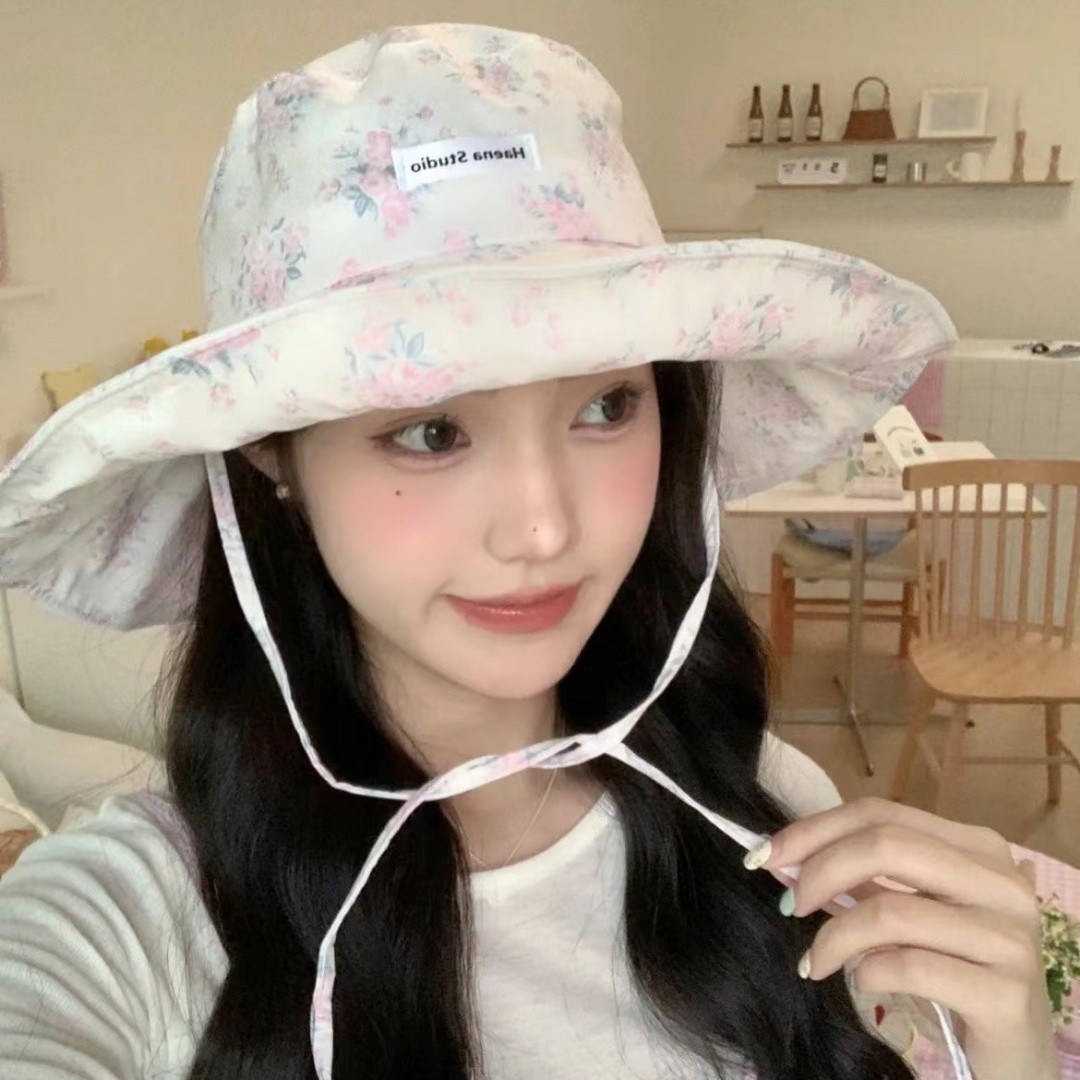 Trendy Small Floral Fisherman Hat Summer 2024 New Style Hat for Women Showing Face Small Big Head Circumference Sun Cover Basin Hat