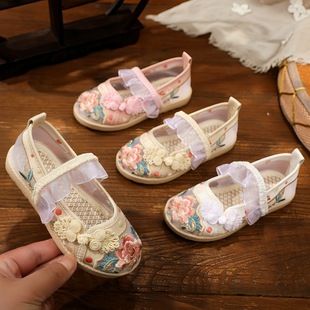 Girls' Hanfu Shoes Summer Mesh Hollow Mesh Shoes Ancient Dress Antique Children's Embroidered Shoes Mesh Breathable Buckle Sandals