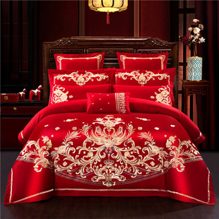 Long-staple cotton 120 wedding four-piece set red embroidery dragon and phoenix wedding escort six-piece set Chinese luxury cotton