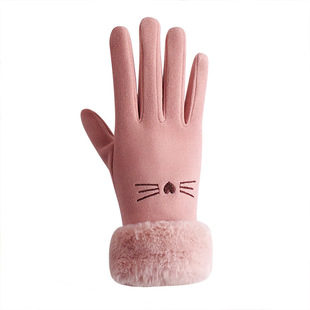 Touchscreen gloves ladies autumn and winter fleece-lined warm de velvet outdoor riding windproof driving wholesale supermarket small meow cute