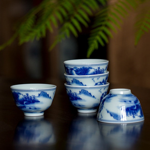 Kangxi landscape antique blue and white tea cup single ceramic kung fu tea set Tea Cup toast Cup Tea Cup Master Cup