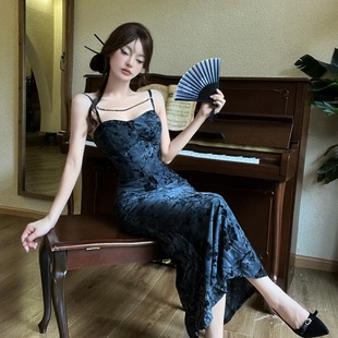 2024 new cross-border national style retro ink color flocking jacquard slim fishtail dress 8233