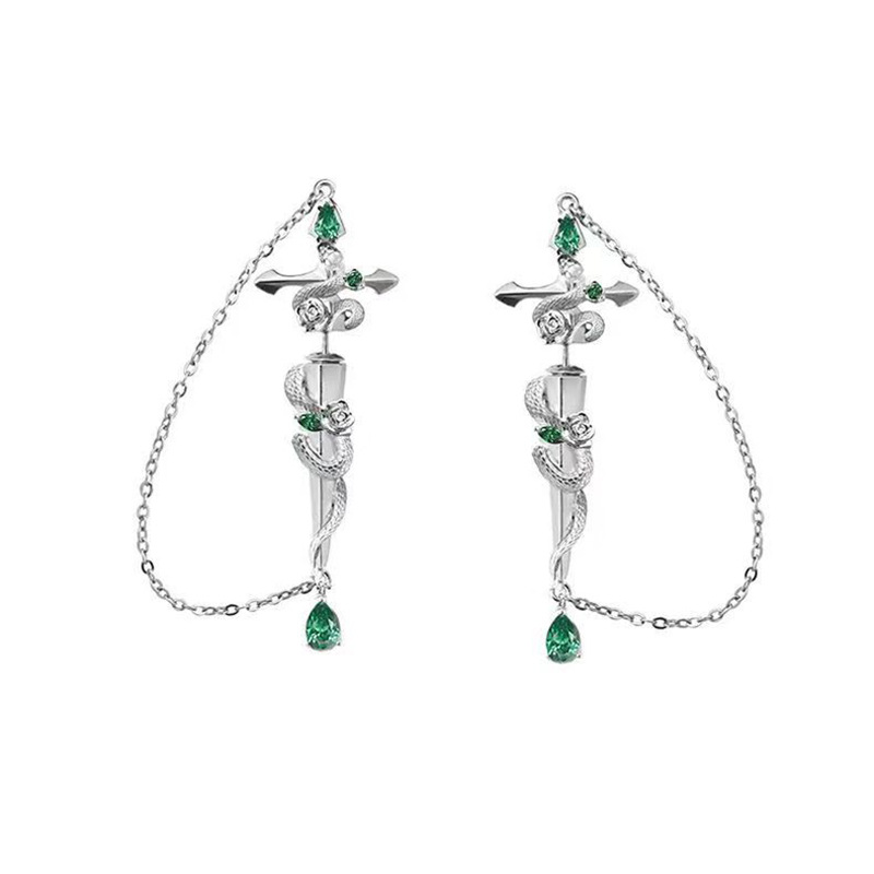 Cross-Border Retro Snake Rose Flower Wrapped Piercing Earrings Set with Diamonds and Oil Dripping Protective Earrings Tassel Cross Earrings