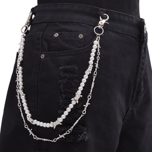 European and American Retro Industrial Style Double-layer Pearl Thorn Pants Chain Fashion Women's Little Thorn Silver Chain High-end Men's Accessories
