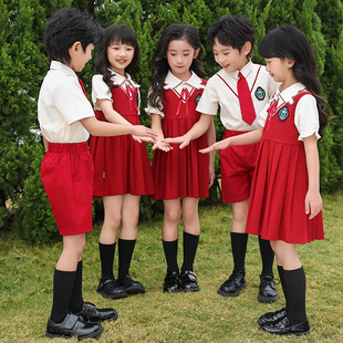 School uniform for primary school students suit children's sports performance class uniform British campus kindergarten Garden uniform summer red