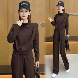 European-made Fashionable Age-reducing Casual Sweat suit Women's Autumn Slant Zipper Knight Shoulder Jacket Wide-leg Pants Two-piece Set
