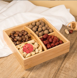 Bamboo and Wood Engagement Handle Dried Fruit Box Split Dried Fruit Plate Creative Wedding Early Childbirth Candy Snack Storage Wooden Box