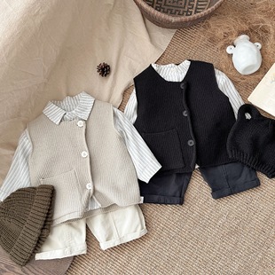 Mori Simple ~ Korean Children's Solid Color Joker Knitted Vest Men's and Women's Treasure Sweater Cardigan Waistcoat Spring and Autumn Coat