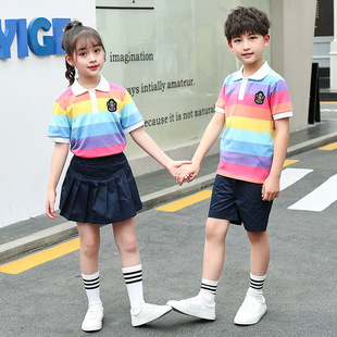 Kindergarten Summer Clothes Children's Games Opening Ceremony School Uniform suit Primary School Students Summer Rainbow Strip Two-Piece Set