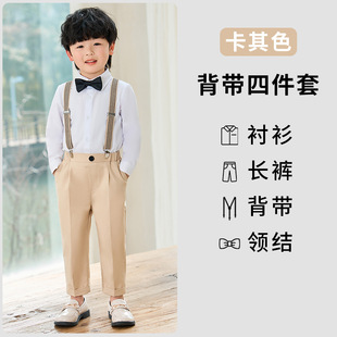 Children's dress spring and summer Korean style solid color suspender pants boys' casual shirt suit baby's birthday photography clothing
