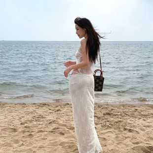Thailand Niche High-end Lace Tube Top Split Bikini Island Vacation Sexy Slimming Long Dress Swimsuit suit