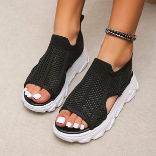 2022 Spring and Summer New Cross-border European and American Foreign Trade Large Size Knitted Elastomer Sandals Women's Casual Sandals with Thick Sole